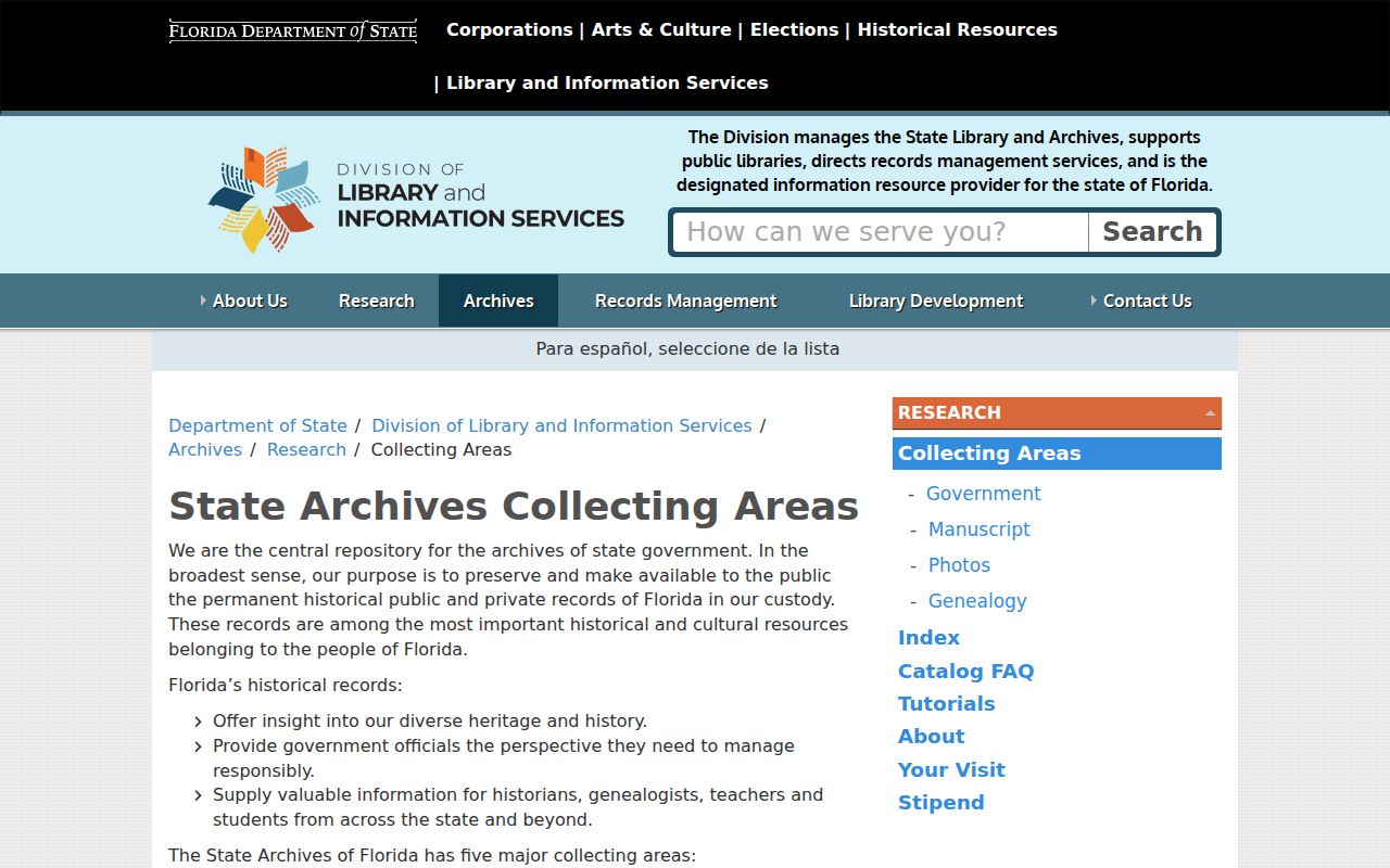 State Archives of Florida collecting areas for Clearwater historical research