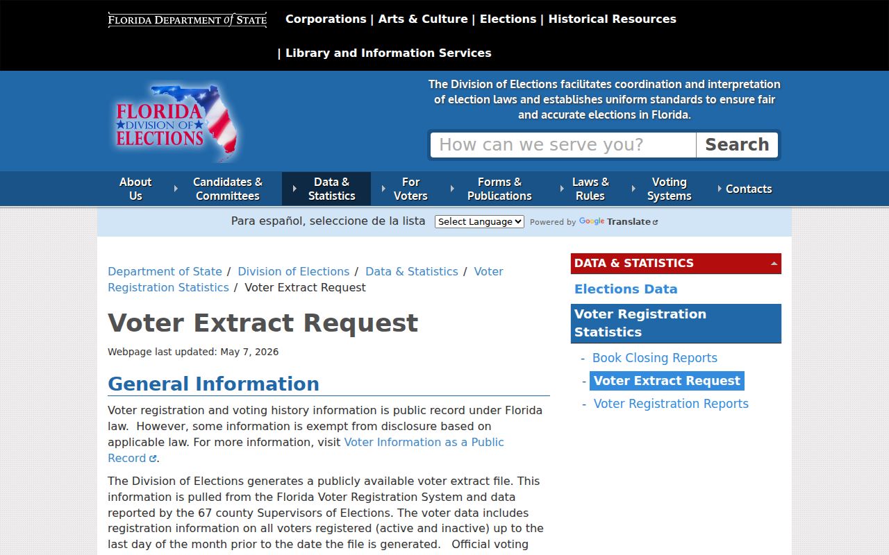 Florida statewide voter extract request page used for lawful Clearwater block research