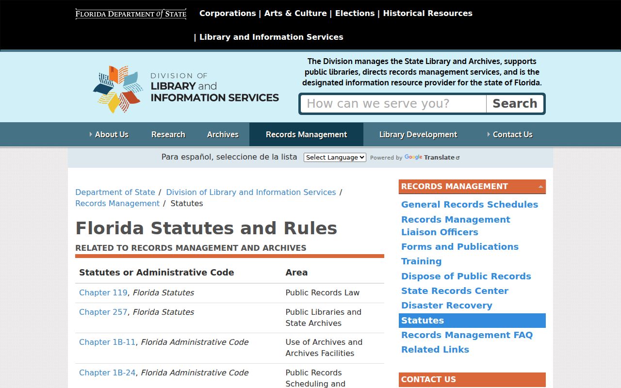 Florida Division of Library and Information Services records statutes page for Clearwater historical research