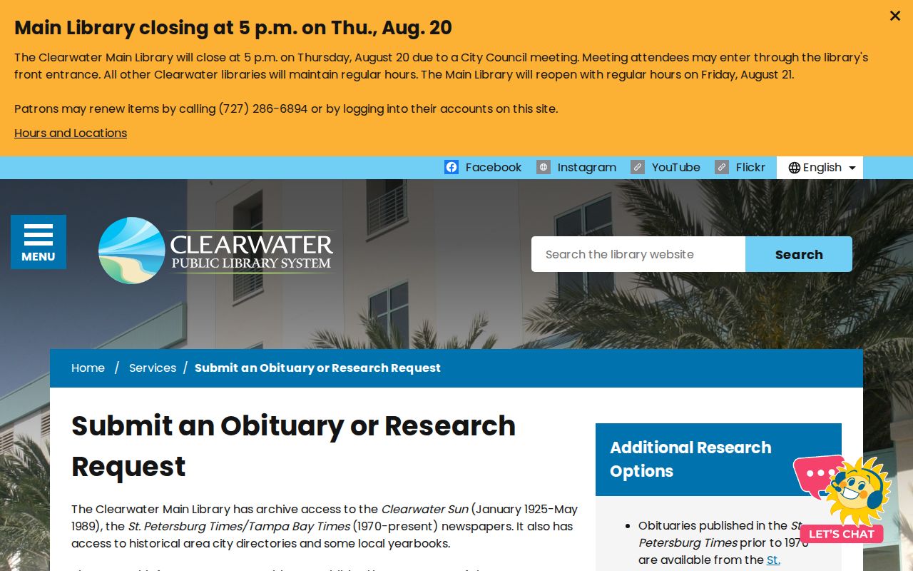 Clearwater Library obituary and research request page for tracing previous residents