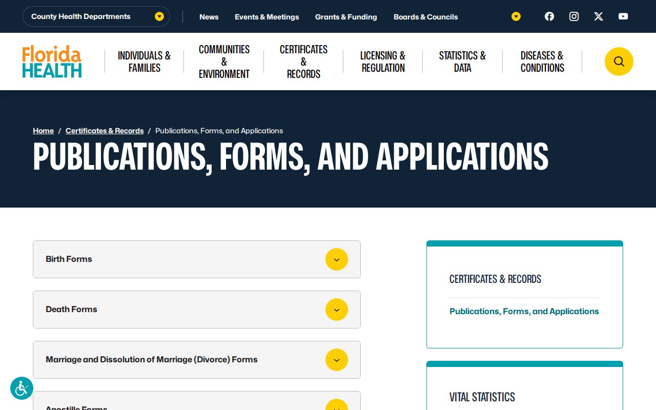 Florida vital records forms page used to verify a deceased previous Clearwater resident