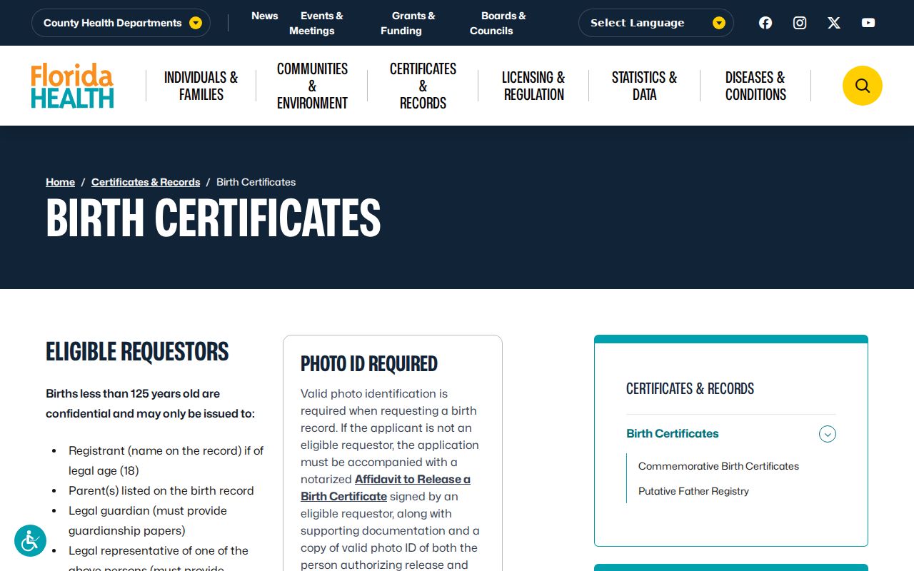Florida birth certificate eligibility for Clearwater family research