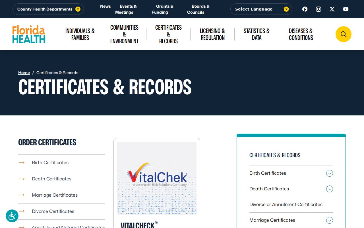 Florida vital records access for verifying a Clearwater resident