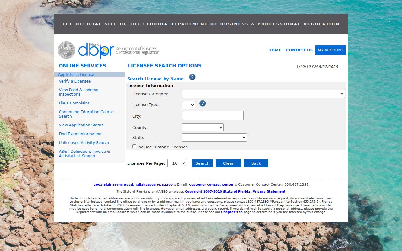 DBPR name and location filters for the Clearwater ZIP code directory