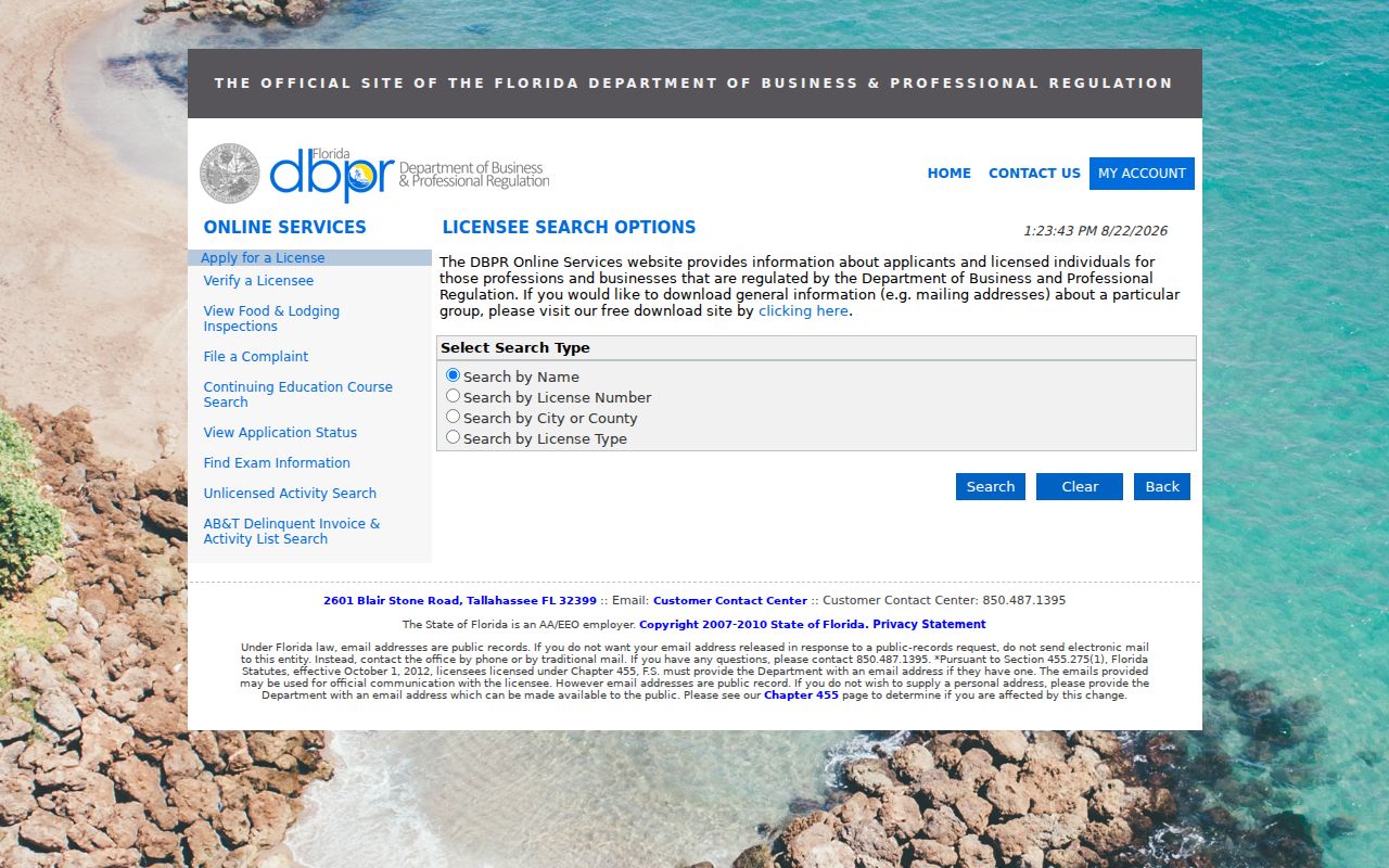 Florida DBPR location search in the Clearwater ZIP code directory